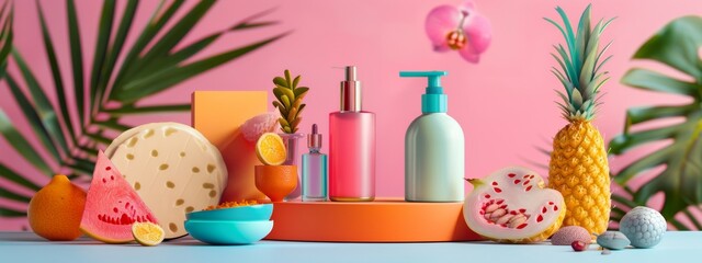 Wall Mural - Colorful skincare products with tropical fruits on pink background