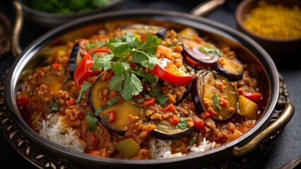 Wall Mural - A dish of Indian cuisine. Eggplant bharta with rice.