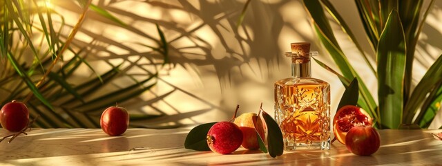 Wall Mural - Elegant glass bottle with apples and leaves in warm sunlight