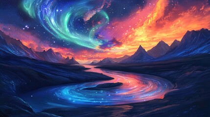 Wall Mural - An enchanting scene of a fantasy landscape illuminated by a dramatic, vibrant sky filled with swirling auroras and scattered stars. The sky transitions from deep blues and purples on the left to inten