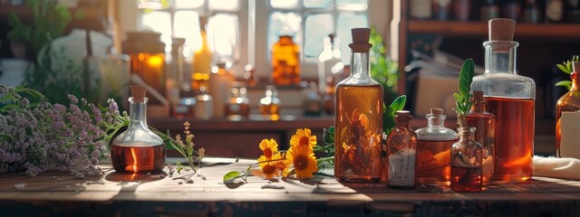 Wall Mural - Herbal bottles and flowers in a sunlit apothecary setting