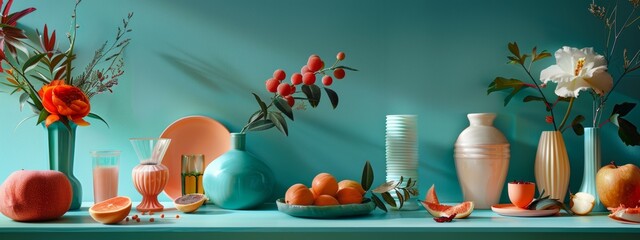 Wall Mural - Colorful vases and fruits on a vibrant teal background