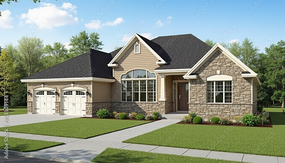 Elegant Two-Story House with Stone Cladding and Manicured Lawn ...