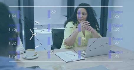 Poster - Data processing animation over businesswoman working on laptop at office desk
