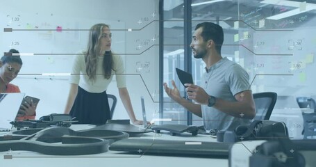 Poster - Business data analytics animation over diverse team discussing in modern office