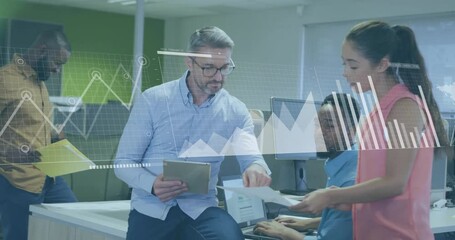 Poster - Business people discussing documents with financial data processing animation over them