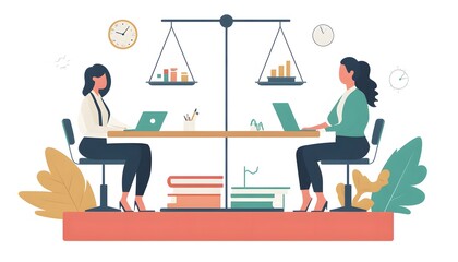 Two Businesswomen Working at Desk with Scale Above Them