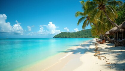 Serene Tropical Beach: Clear Turquoise Waters, Sandy Shore, and Lush Palm Trees