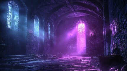 A haunting interior of a medieval castle with dramatic purple light, perfect for Halloween-themed events, parties, or decorations with copy space.