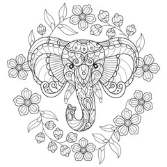 Wall Mural - Elephant head and flower garden hand drawn for adult coloring book