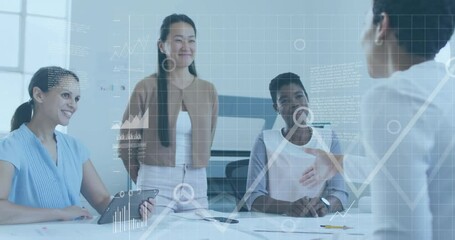 Poster - Business data analytics animation over diverse women collaborating in office meeting