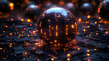 Sticker - Futuristic glowing sphere on a circuit board.