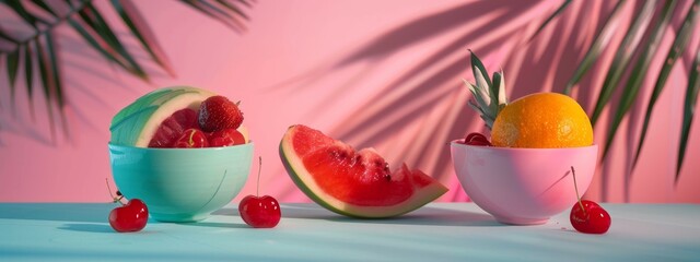 Wall Mural - Tropical fruit arrangement in colorful bowls with pink backdrop