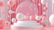 © Aleena - Abstract empty podium with spheres on pink background, use for product presentation scene with abstract white and pastel color balls in space, mock up for design, minimal concept