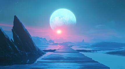 Wall Mural - A surreal landscape featuring a vast, otherworldly terrain under a twilight sky. Dominating the sky is a large, glowing moon casting a brilliant blue and pink gradient light over the scene. Jagged roc