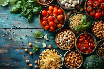 Healthy Mediterranean Diet Ingredients: Fresh Vegetables, Pasta, Nuts, and Herbs for Balanced Meals