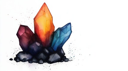 Vibrant watercolor illustration of three crystal formations with orange, blue, and purple hues against a white background.