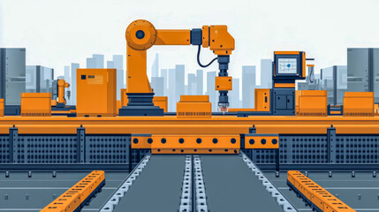 Modern automated factory with conveyor belts and robotic arms processing orders for a distribution warehouse