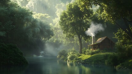 Wall Mural - A tranquil riverside with a rustic wooden cabin, wildflowers, and a setting sun