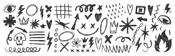 Aufkleber - Grange punk elements with chalk or crayon texture. Hand drawn graffiti shapes. Doodle vector illustration.