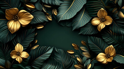 Wall Mural - Golden Flowers and Lush Green Leaves Frame a Dark Green Background.