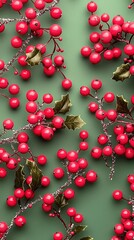 Poster - Red Berries and Green Leaves on a Green Background