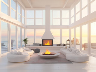 Luxury minimalist living room, with modern fire place, two floor high ceiling. Ocean view outside the window. Spacious cozy sofa.