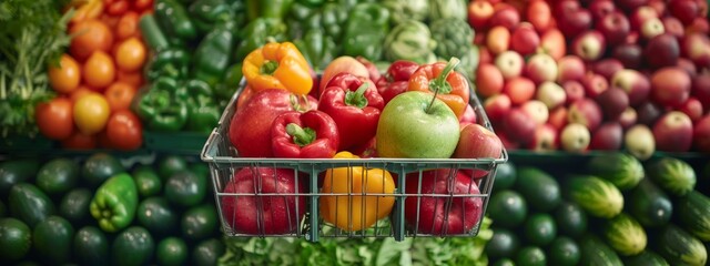 Wall Mural - Fresh produce basket filled with apples and bell peppers in a market