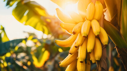 Close-up of a bunch of ripe bananas on a palm tree in a sunny jungle forest, plantation, or farm. Healthy, organic sweet fruit, vegetarian, fresh vegan flora and botanical, summer season