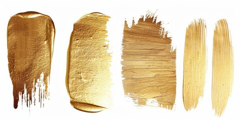 Wall Mural - set of five different gold paint brush stroke element graphic on white background