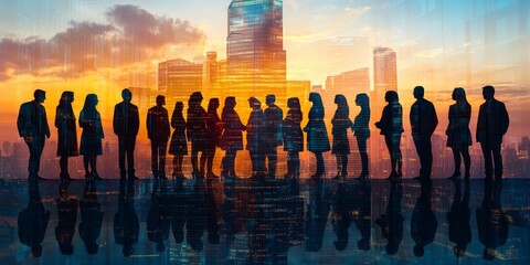 Double exposure image of many business people conference group meeting on city office building in background showing partnership success of business deal. Concept of teamwork, trust and, Generative AI