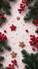 Canvas Print - Festive Christmas Background with Evergreen Branches, Red Berries, and Golden Stars