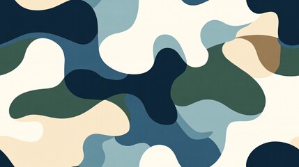 Urban Camo Flow: A seamless pattern of abstract, flowing shapes in a modern camouflage palette of blues, tans, and greens. Perfect for contemporary designs. 