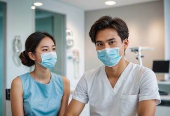 Wall Mural - A male and female dentist wearing protective masks, standing together in a modern dental clinic, looking at the camera.