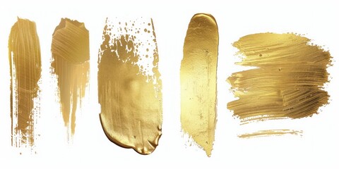 Wall Mural - set of Five different gold paint brush stroke element graphic on white background