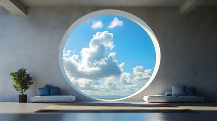 Wall Mural - Minimalist interior with a circular window overlooking a blue sky with white clouds.