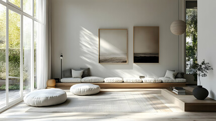 Minimalist living room with a large window, a wooden platform, and two framed photos.