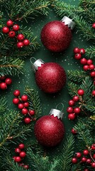 Wall Mural - Red Christmas Ornaments on Green Pine Branches