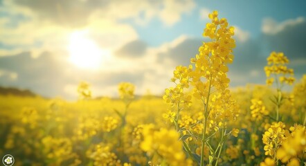 Canola field under cloudy sky with yellow flowers blooming