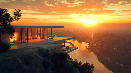 Wall Mural - Modern house on a cliff overlooking a city with a beautiful sunset.