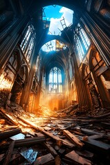 Poster - Ruined Cathedral Interior With Light Streaming In.