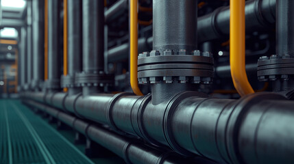 Close-up of industrial pipelines and valves with orange handles in a factory, showcasing heavy-duty engineering and infrastructure.