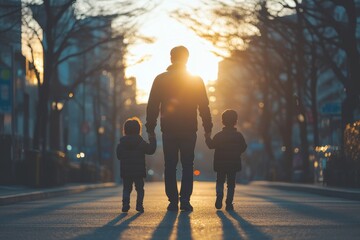 Silhouette of walking father with two children from back, Generative AI