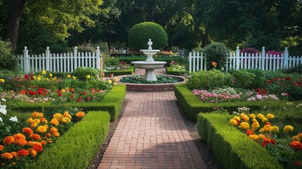 Poster - A classic Colonial garden with a brick pathway, neatly trimmed boxwood hedge