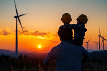 Silhouette of father and son with clipping path in hard hat, Happy dad carrying son on shoulders checking project at wind farm site on sunset in evening, Generative AI