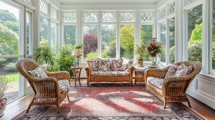 A bright Colonial sunroom with wicker furniture, floral cushions, and a large rug