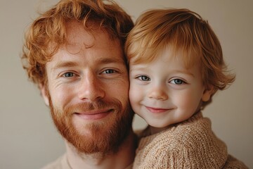 Ginger father and son smiling at camera and hugging while standing isolated over beige background, Generative AI