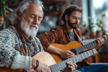 elderly dad and son are playing music at home, relax activity at home with family, Generative AI