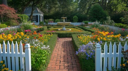 Poster - A classic Colonial garden with a brick pathway, neatly trimmed boxwood hedge
