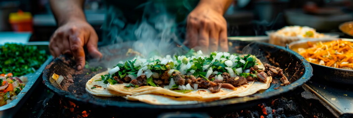 chef preparing authentic Mexican street tacos with sizzling meat, onions, and cilantro